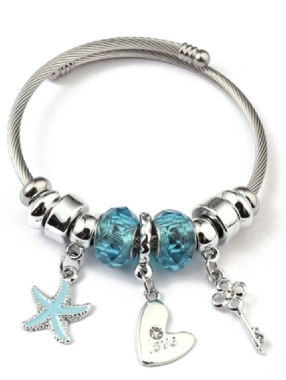 Silver Cable Bangle Bracelet with Turquoise Crystal Beads & Charms